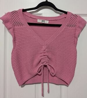 Madden NYC Y2K Style Pink Knit Crop Top Crochet Sleeve Tie Front Size Large